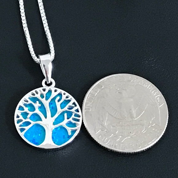 Sterling Silver Blue Opal Tree Of Life Necklace - Picture 7 of 8